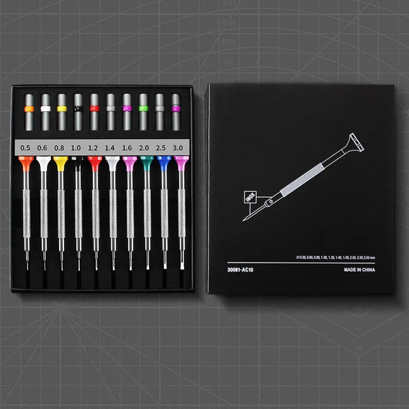 Watch and glasses repair tool kit with 10 screwdrivers and 20 spare drill bits in box
