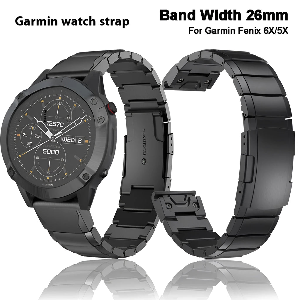 Silver stainless steel replacement watch band for Garmin Fenix smartwatch with straight buckle