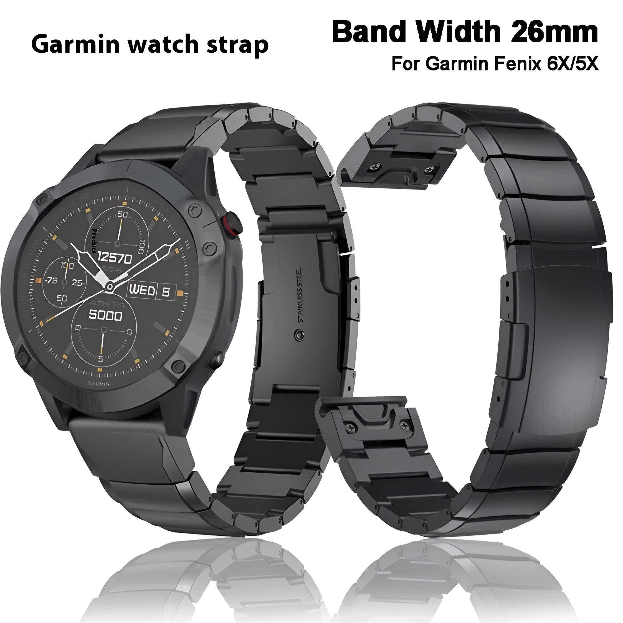 Silver stainless steel replacement watch band for Garmin Fenix smartwatch with straight buckle