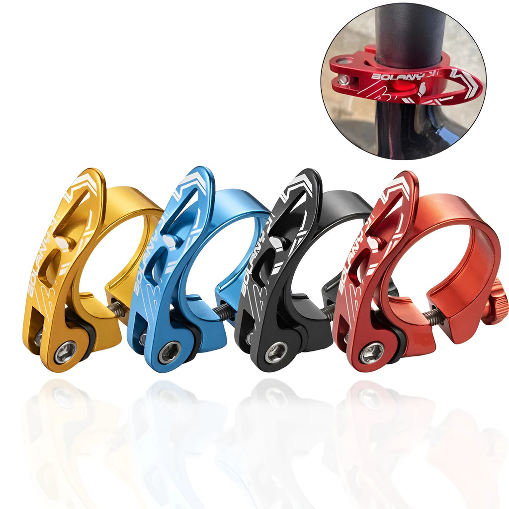 Aluminium alloy bicycle seat post clamp in black, blue, gold, or red, showing 31.8mm and 34.9mm size options