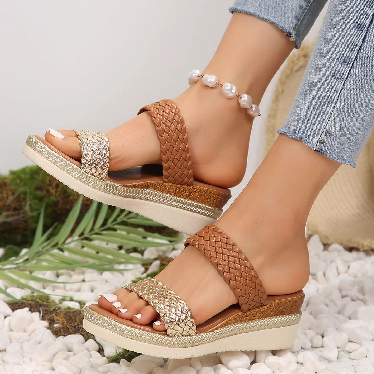 Women's plus size wedge sandals in gold and silver colours, sizes 36-43