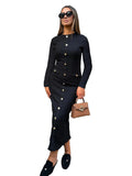 French retro slim fit knitted long-sleeved dress with button detail in black or white