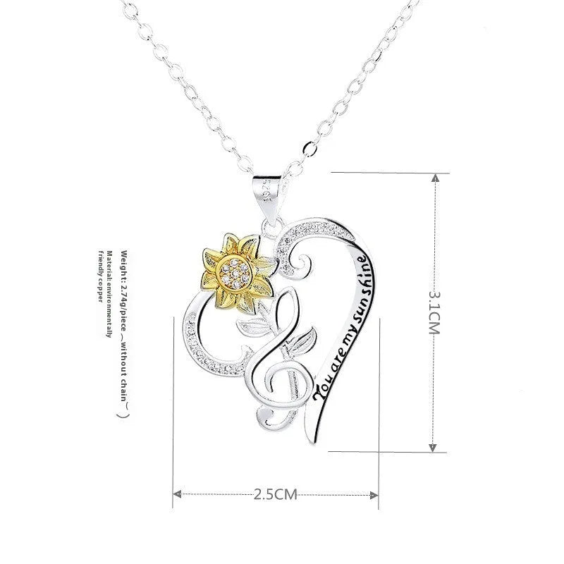 Two-colour copper sunflower pendant on heart-shaped clavicle chain, pastoral style, flower shape