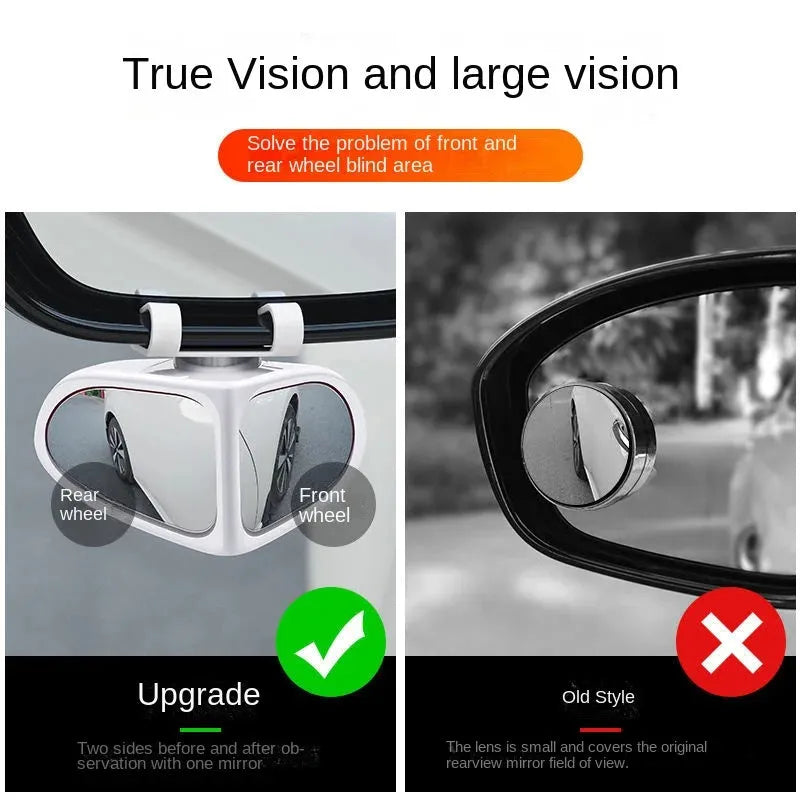 A pair of small, round, adjustable wide-angle car auxiliary mirrors on a black ABS plastic shell.