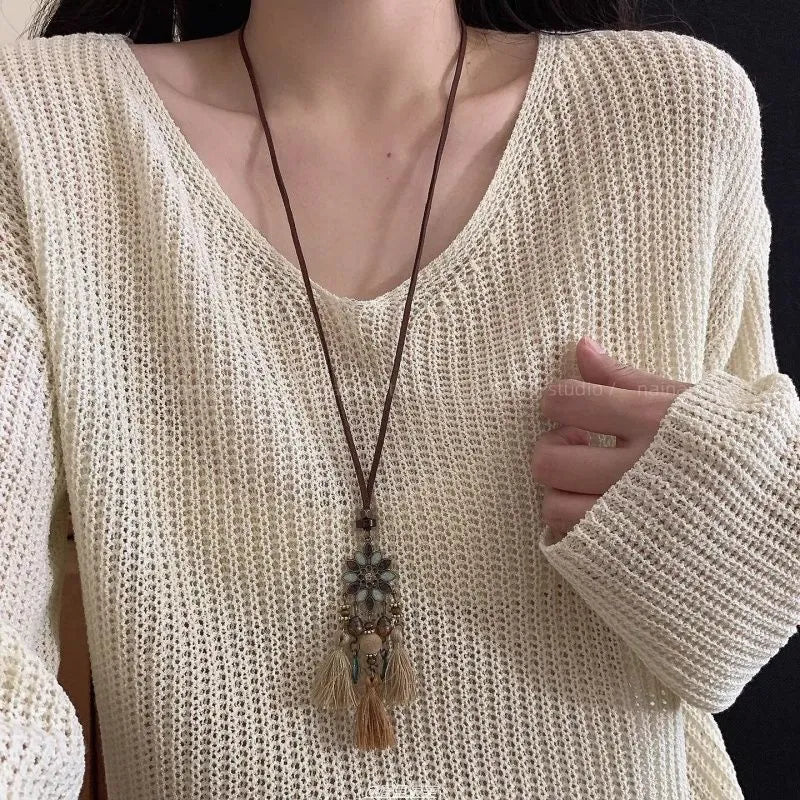 Retro ethnic style tassel long pendant necklace with geometric copper alloy and acrylic pendant for women