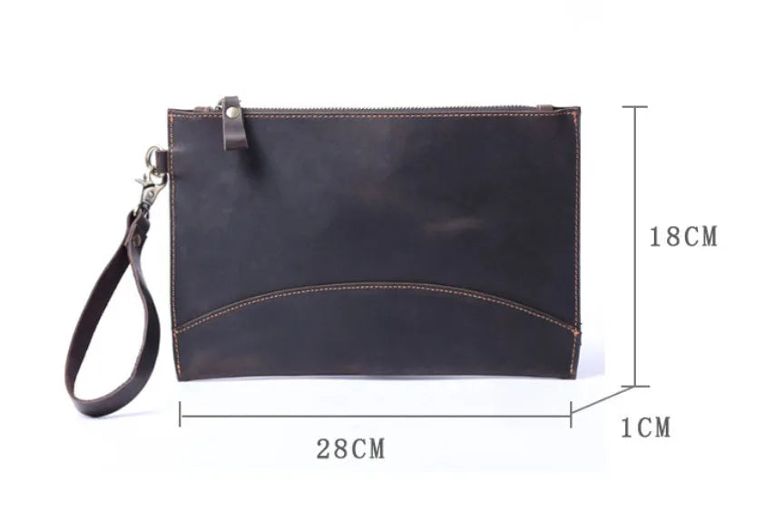 Men's crazy horse leather clutch in dark coffee colour, front view, genuine first layer cowhide with urban simplicity design