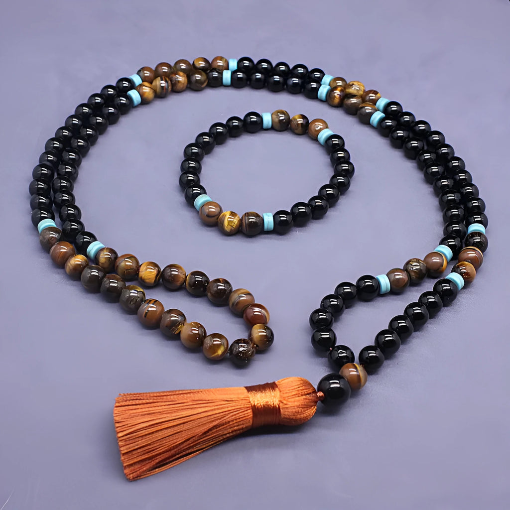 Black agate geometric bracelet and necklace set with tiger eye stone detail