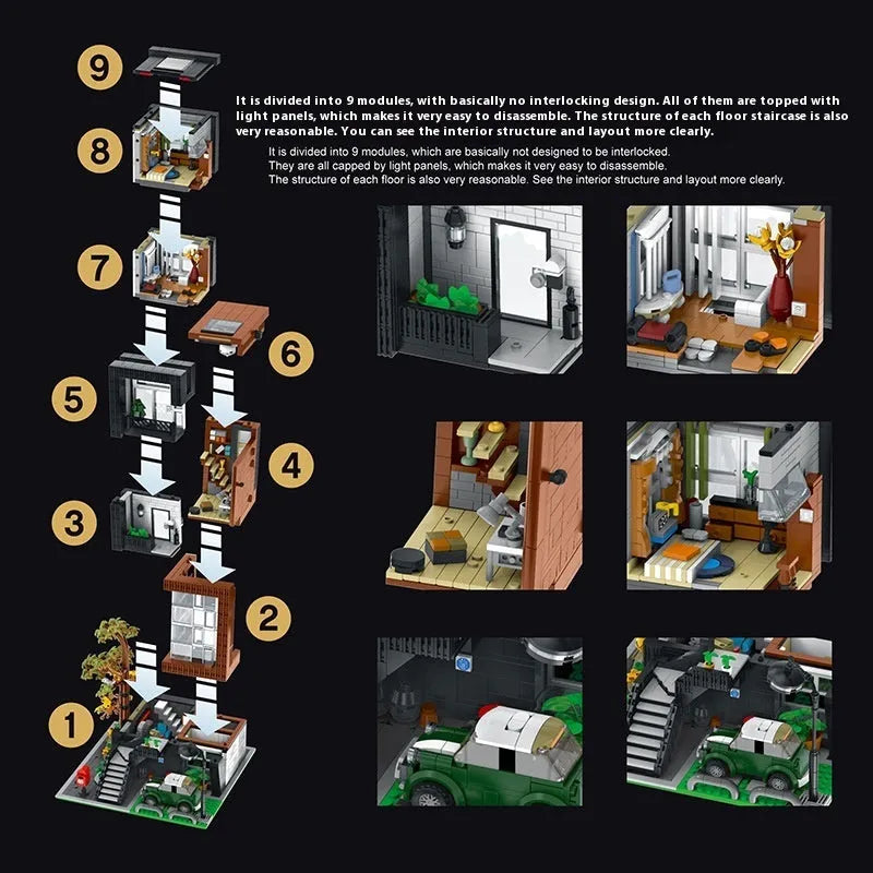 Plastic building block set for constructing a modern villa model with small particle parts