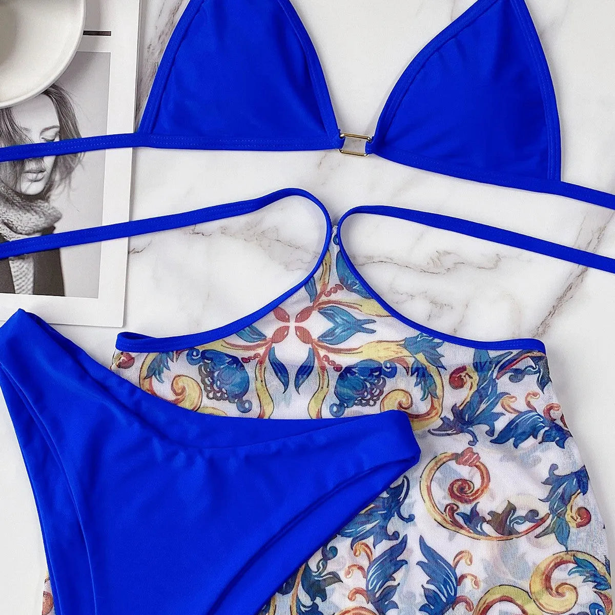 Blue three-piece triangle bikini set with chest pad, spandex polyester, sizes S M L