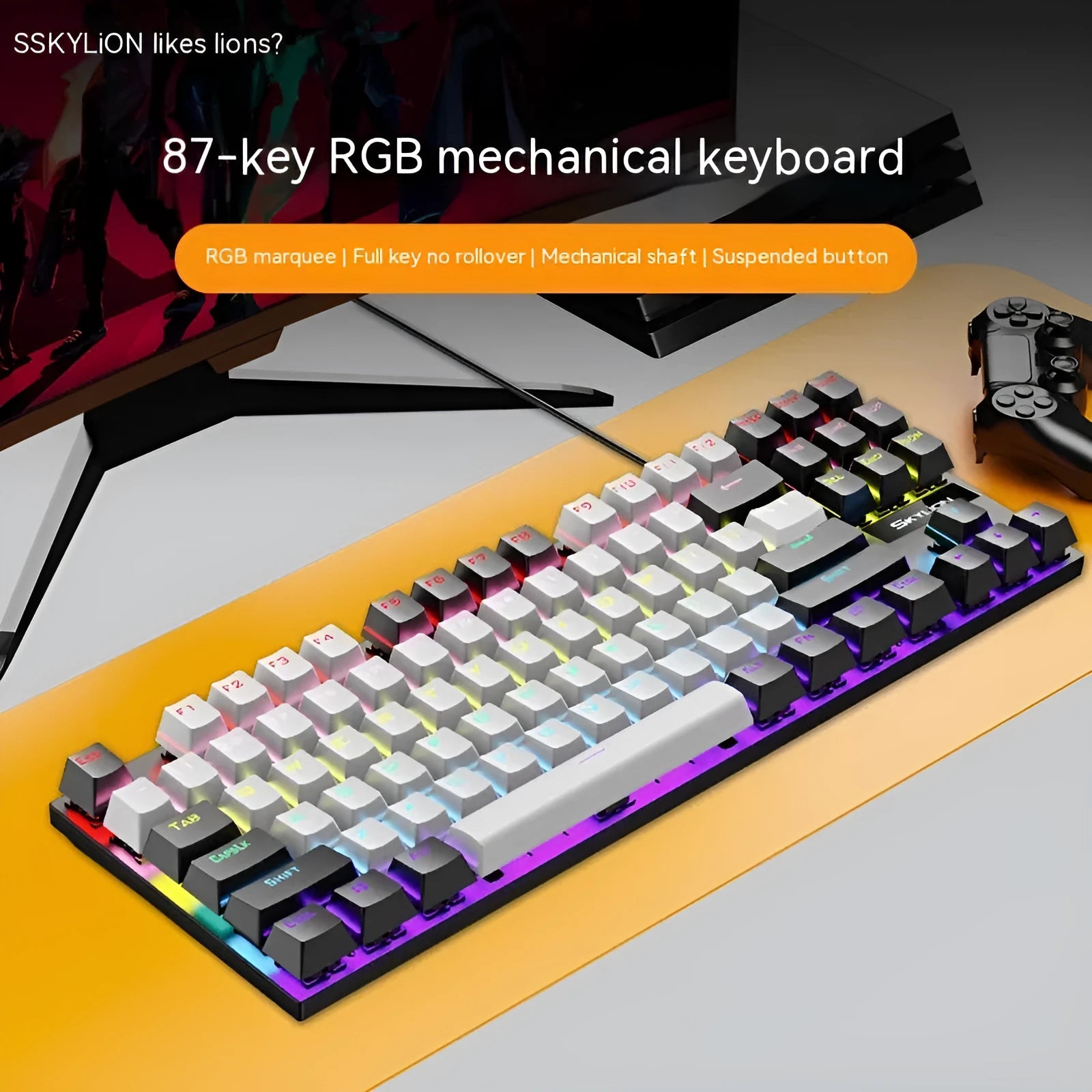 K87 mechanical keyboard with green or red axis switches, metal frame, and 1.4m cable in selected colour