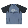 Men's blue hip hop letter print cotton t-shirt with raglan sleeves on a hanger