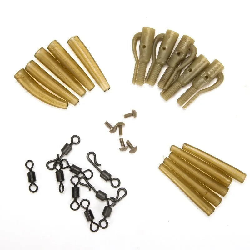 30 piece European carp fishing accessory set showing anti-winding pipes, threaded hoses, and rotation connectors