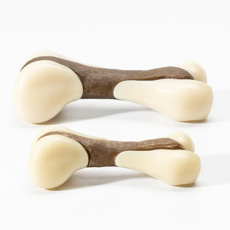 Cowhide and nylon dog bone grinding rod chew toy in small and large foodie bones sizes