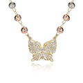 Gold butterfly pendant necklace with zircon inlay, adjustable stainless steel chain, simple style for women