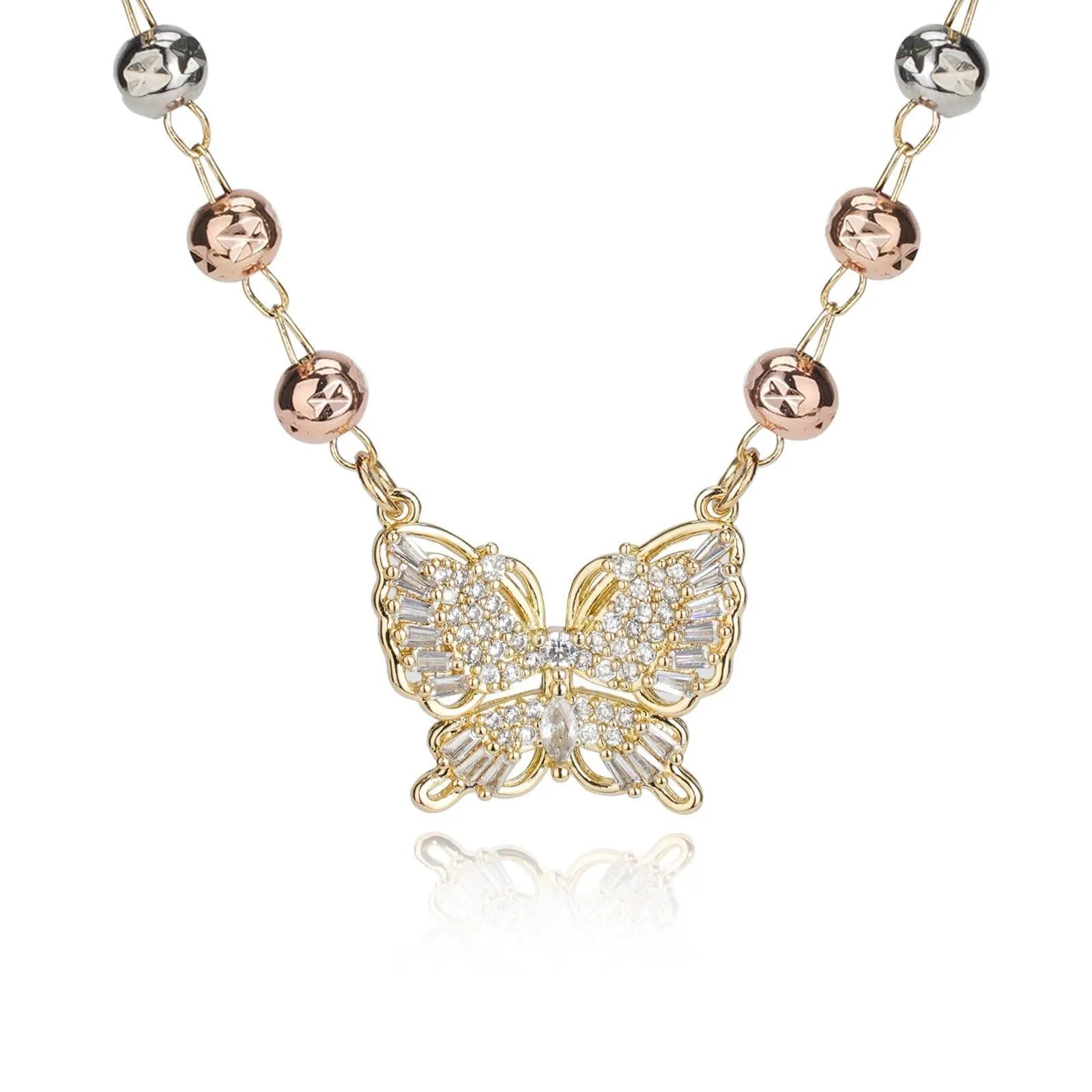 Gold butterfly pendant necklace with zircon inlay, adjustable stainless steel chain, simple style for women