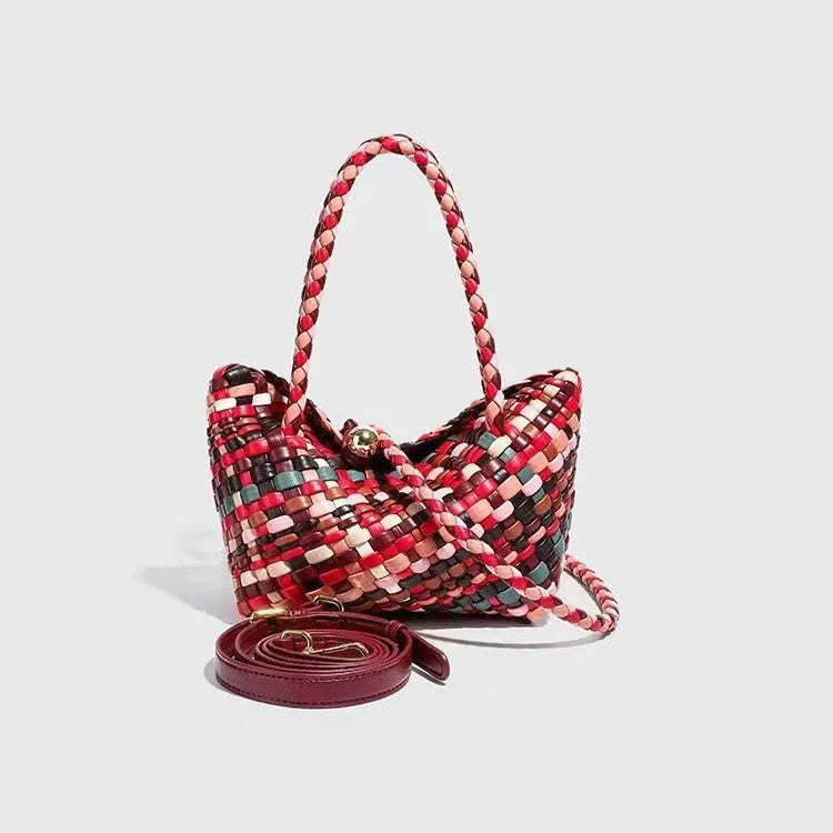 Colourful handmade woven women's PU leather shoulder bag shown from the front.