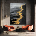 Handmade abstract golden beach and waves texture oil painting on canvas, vertical unframed wall art