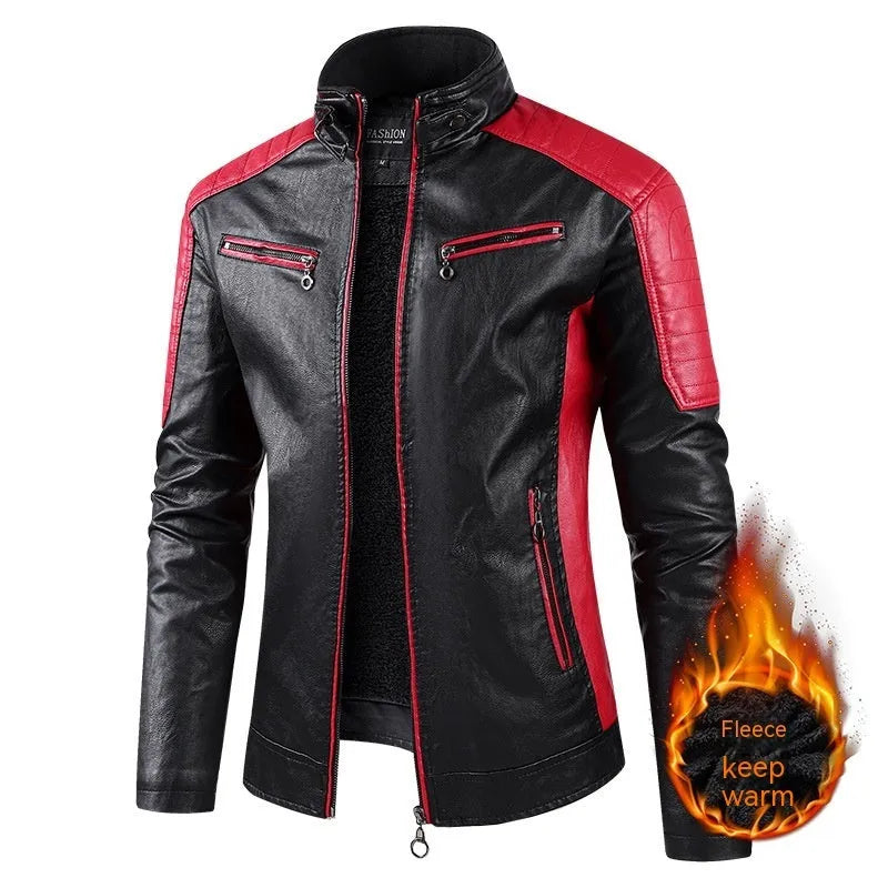 Men's PU leather coat with fleece lining, zipper pockets, retro straight hem, available in multiple colours