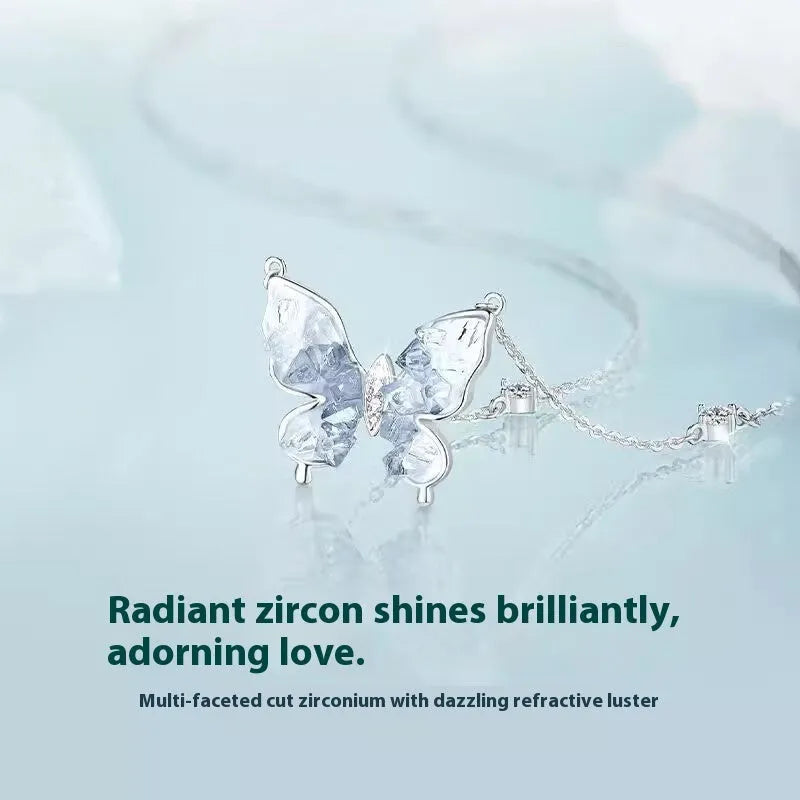 Bingyu Butterfly S925 silver clavicle chain with ice rain pendant on O-ring chain