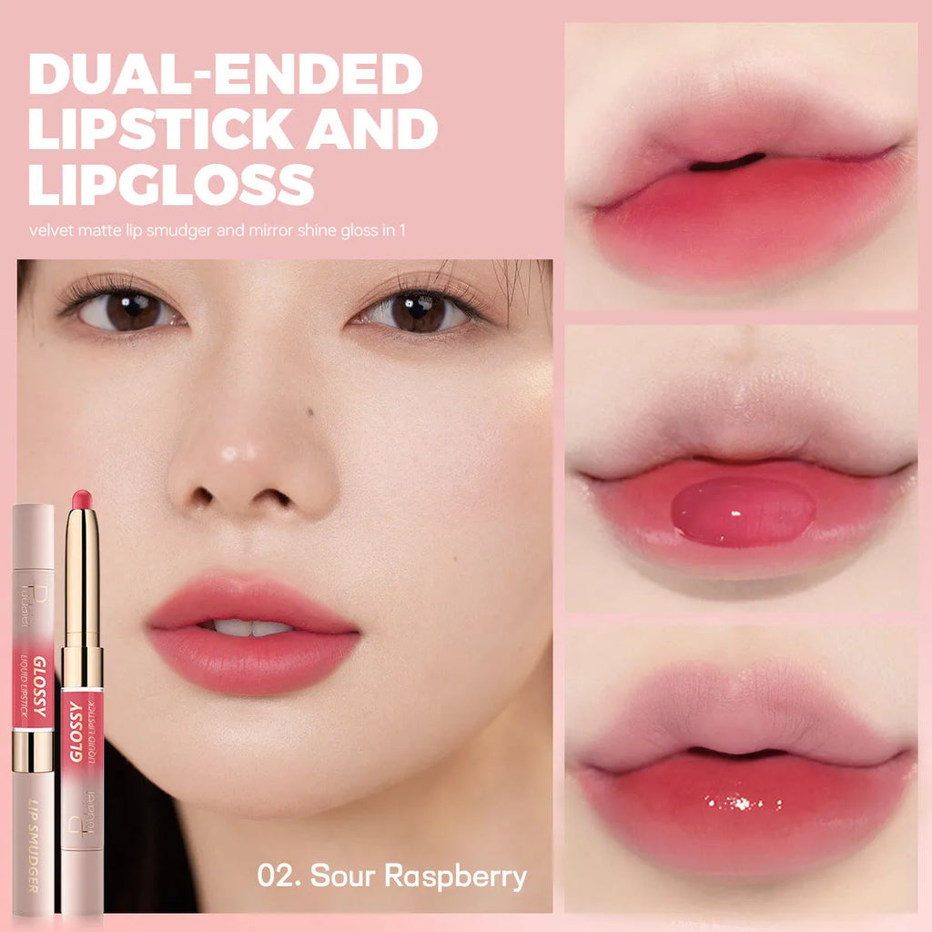 Double-headed lipstick and lip gloss in matte finish showing ten available shade options