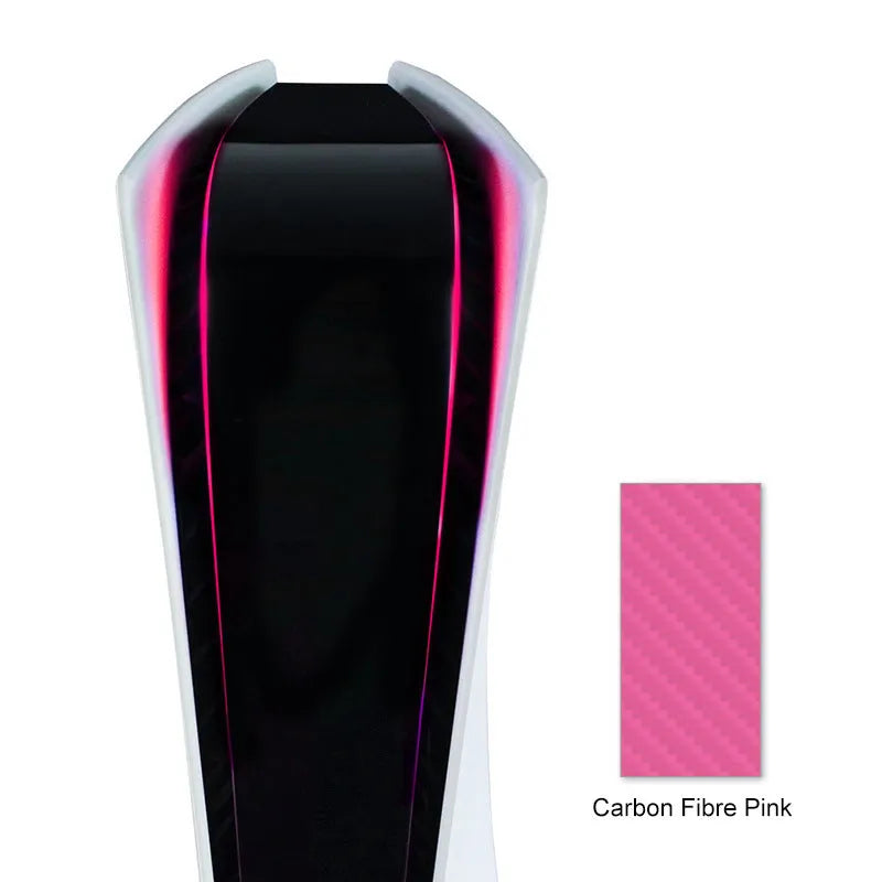 PS5 console with carbon fibre pattern film covering LED light bar area in choice of four colours