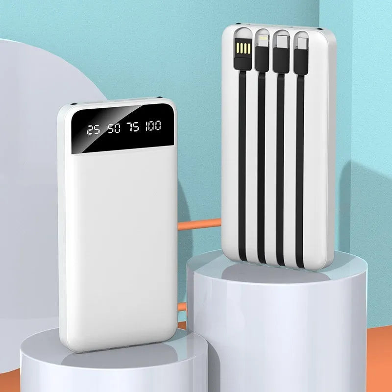 20000 mAh black power bank with charging cable showing compact portable design