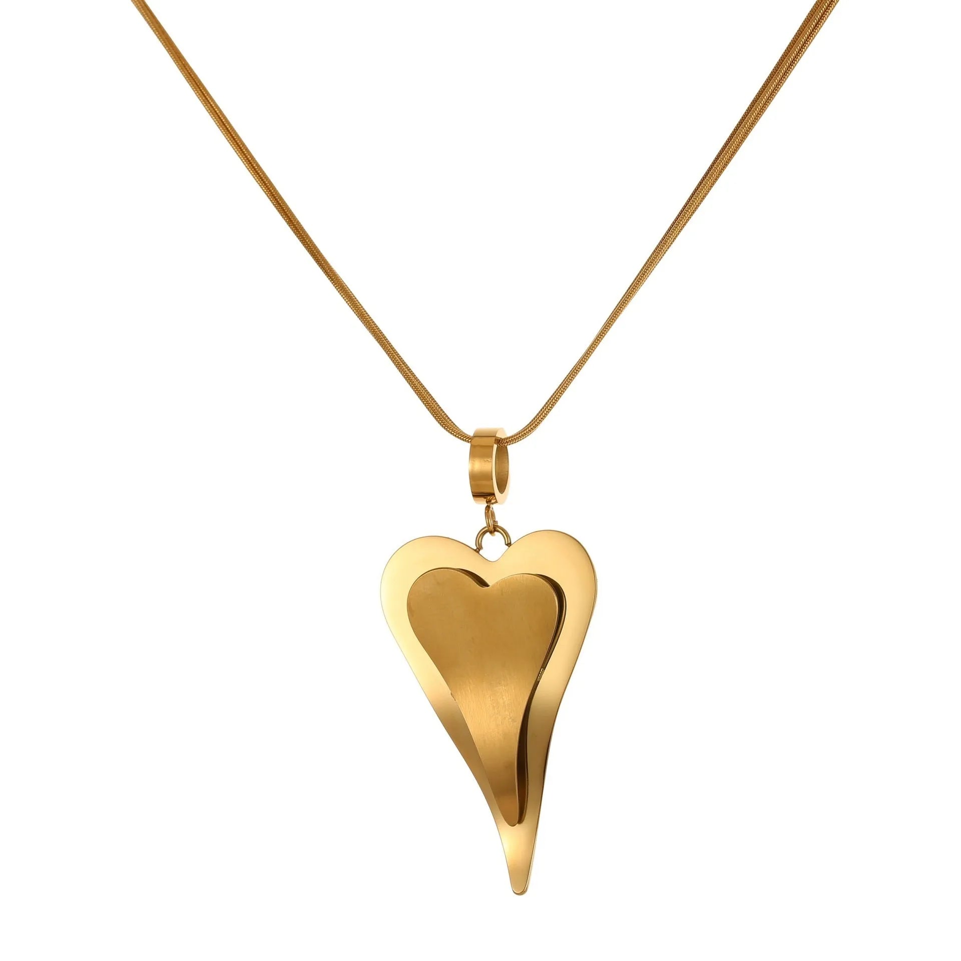 Stainless steel double heart necklace with snake chain design and geometric pendant