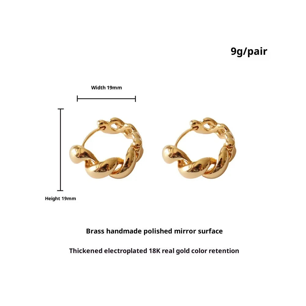 Pair of retro geometric round copper earrings with electroplated 18K gold or white gold finish for women.