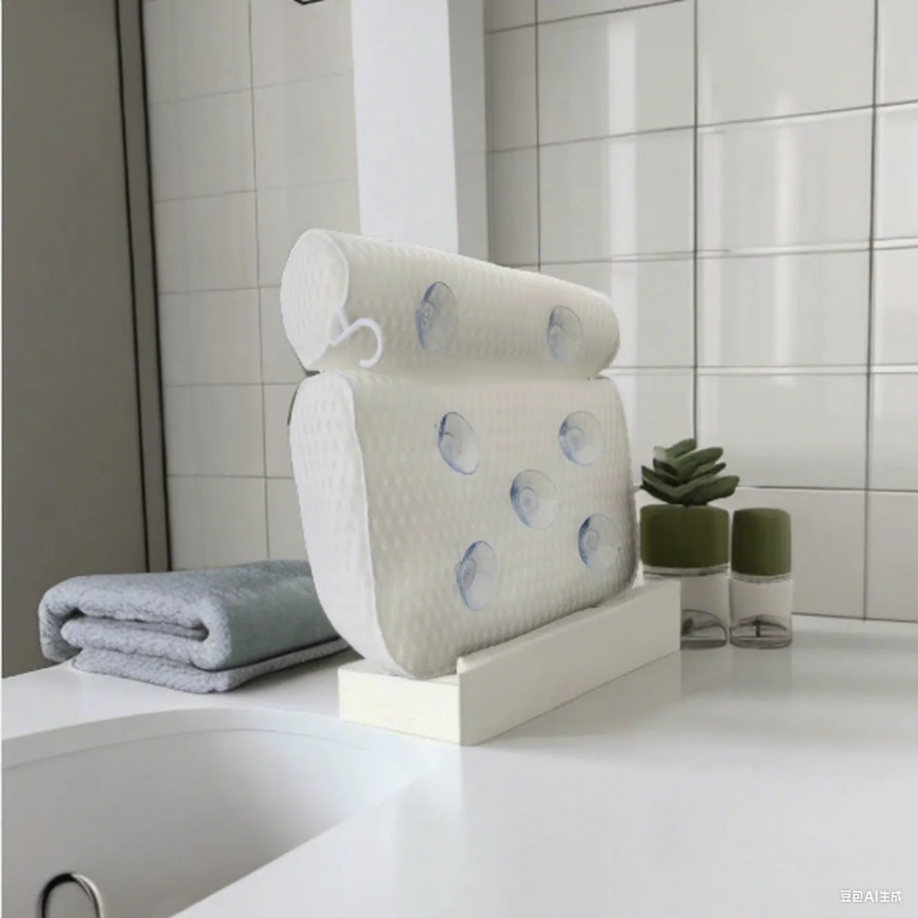 White bathtub pillow with 4D mesh design and 7 suction cups on 3D breathable material.