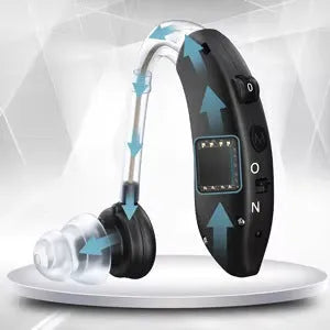 Black behind-the-ear hearing aid with noise reduction, USB powered, 60W