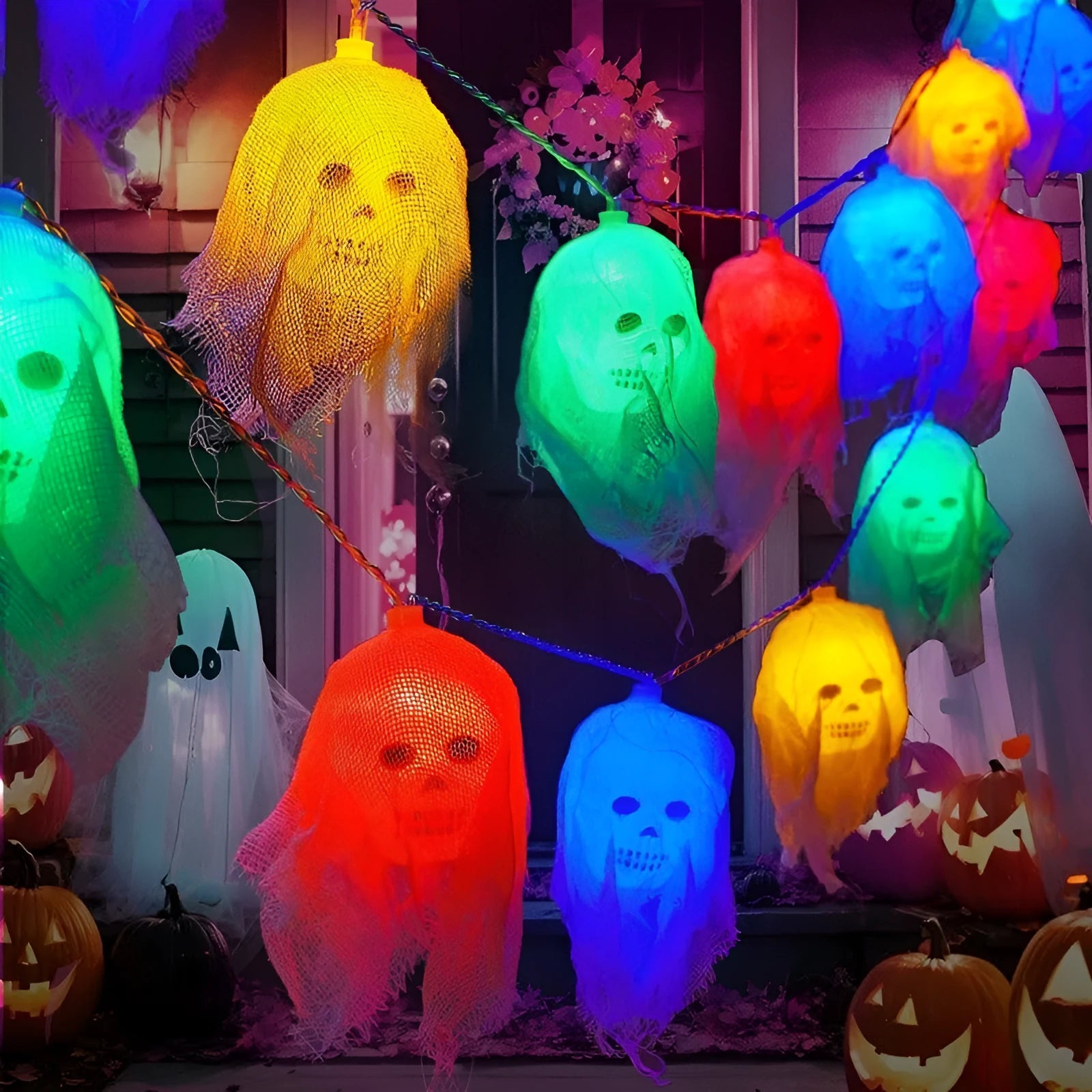 Battery-powered multicolour LED string lights arranged on an indoor wall for Halloween decoration.