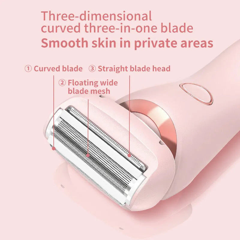 2 in 1 women's electric shaver with two cutting heads, USB rechargeable, IPX7 waterproof, in pink