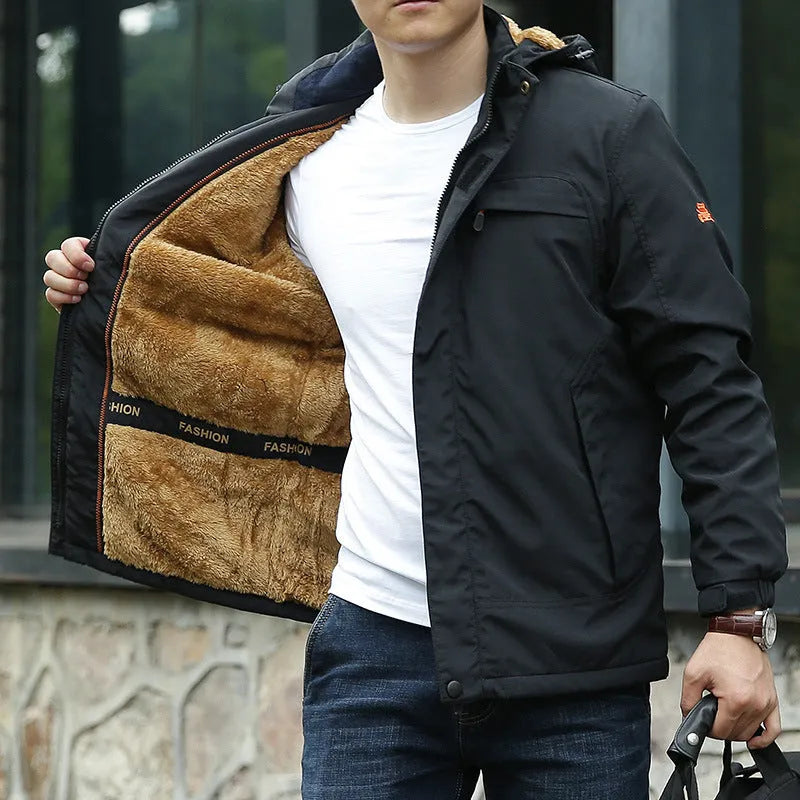 Men's waterproof breathable corduroy fleece lined jacket in khaki, loose fit, front view