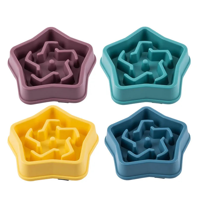 Yellow plastic dog slow feeding bowl with rough anti-choke base measuring 20.1cm