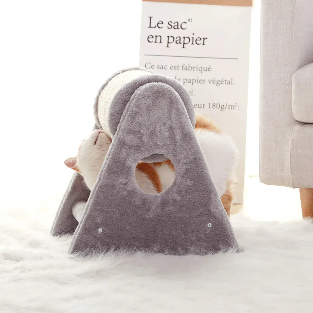 Grey small cat climbing frame with dual-axis roller, sisal bucket, and fur lying surface