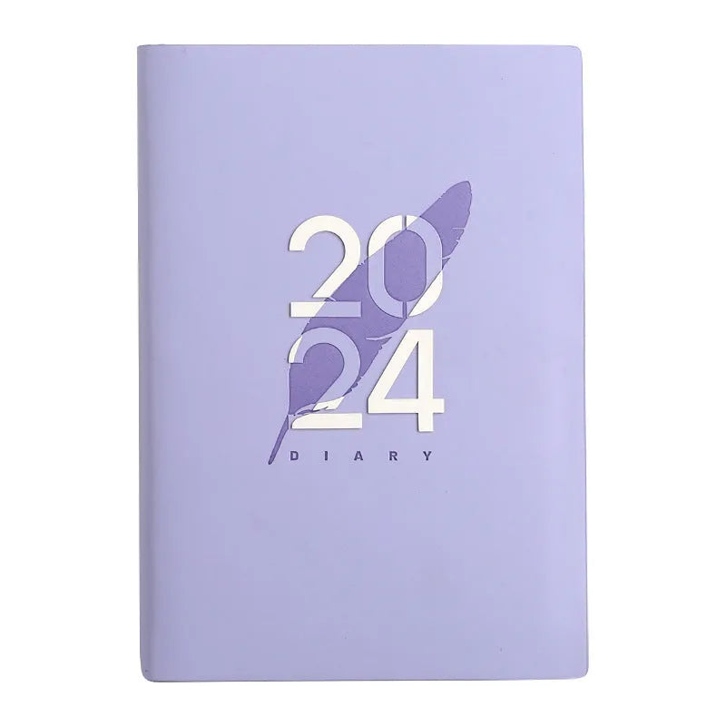 2024 English daily planner with imitation leather cover in blue, A5 size, open to a daily schedule page
