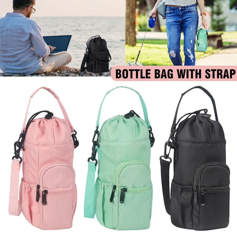 Canvas water bottle shoulder pouch with crossbody strap in black, green, and pink colour options