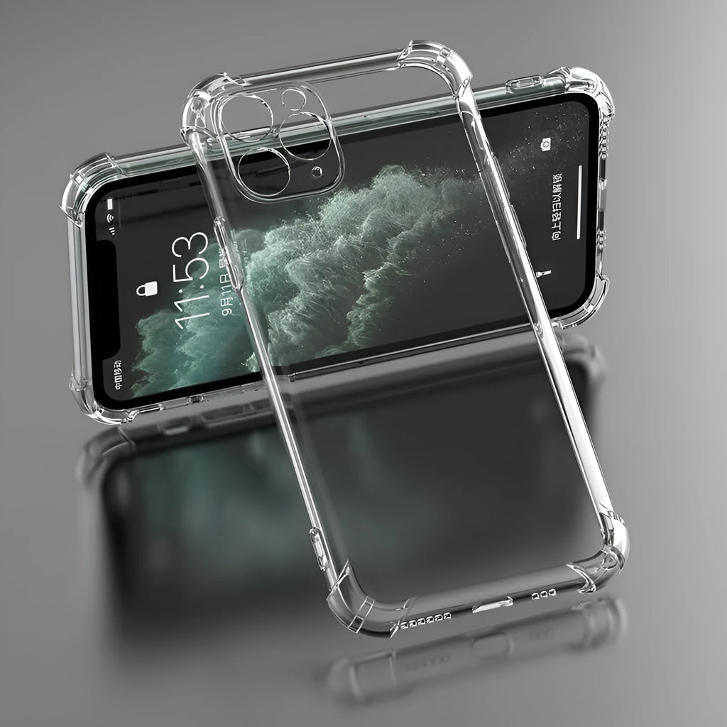 Clear transparent TPU shockproof phone case for Apple iPhone models 6 through 13 Pro Max.