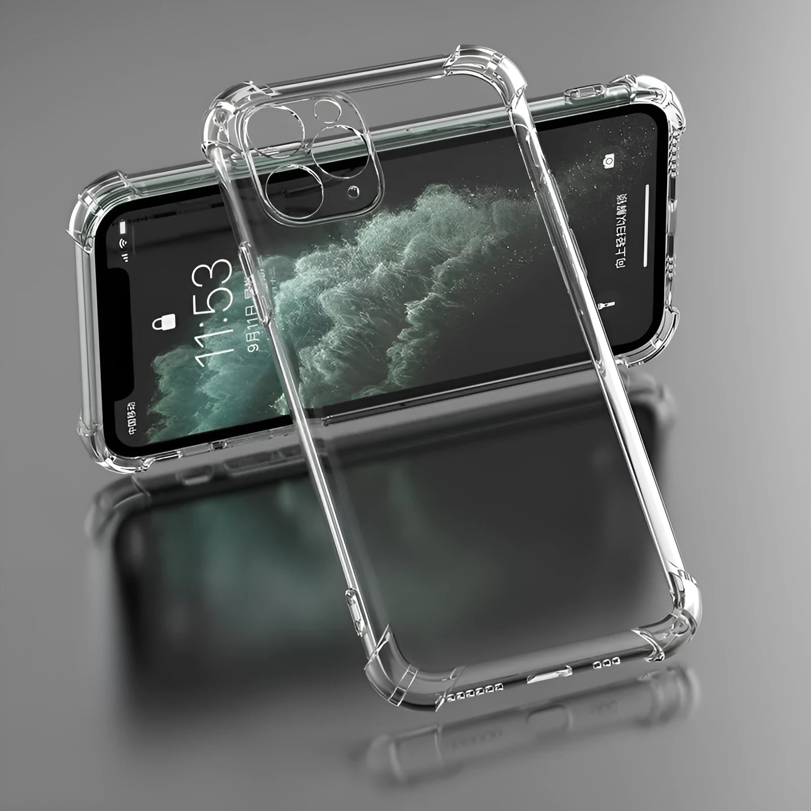 Clear transparent TPU shockproof phone case for Apple iPhone models 6 through 13 Pro Max.