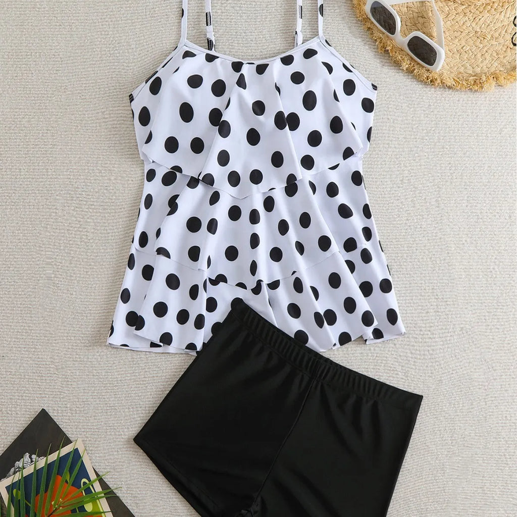 Black and white double-shoulder strap high waist backless boxers split swimsuit for women