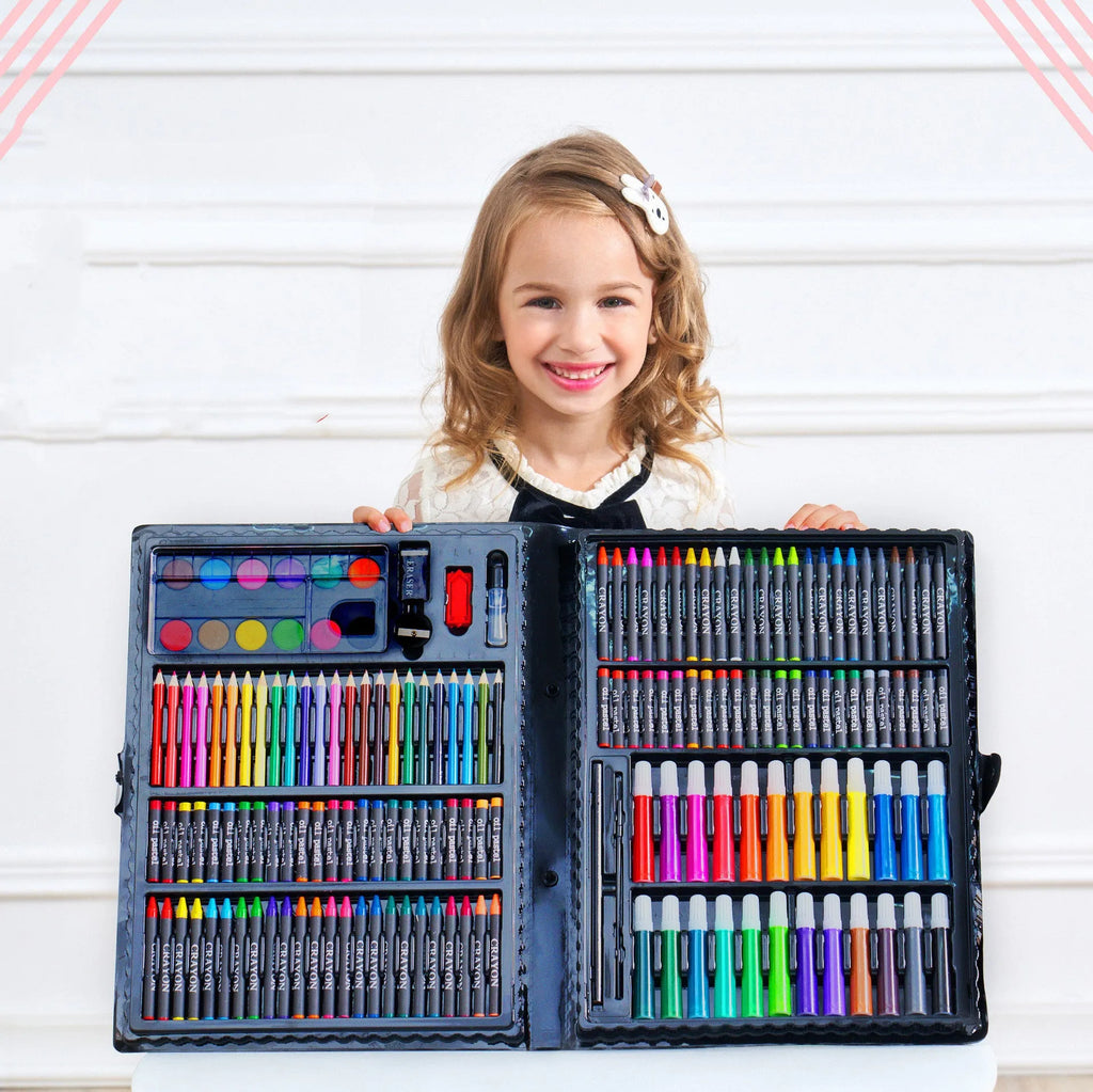 168-piece watercolour pen set in black plastic case with oil pastels and brushes