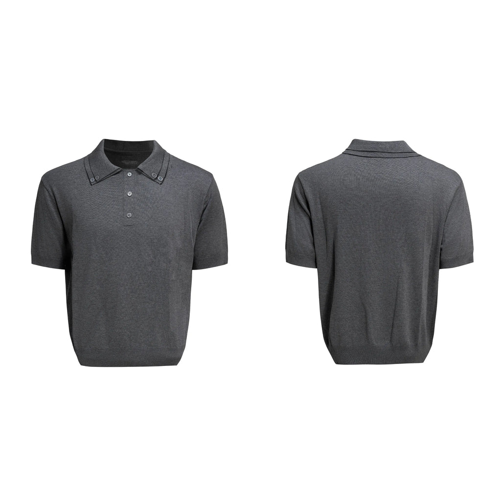 Men's grey short sleeve knit shirt featuring a double collar design with fasteners, shown in a loose fit.