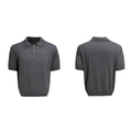 Men's grey short sleeve knit shirt featuring a double collar design with fasteners, shown in a loose fit.