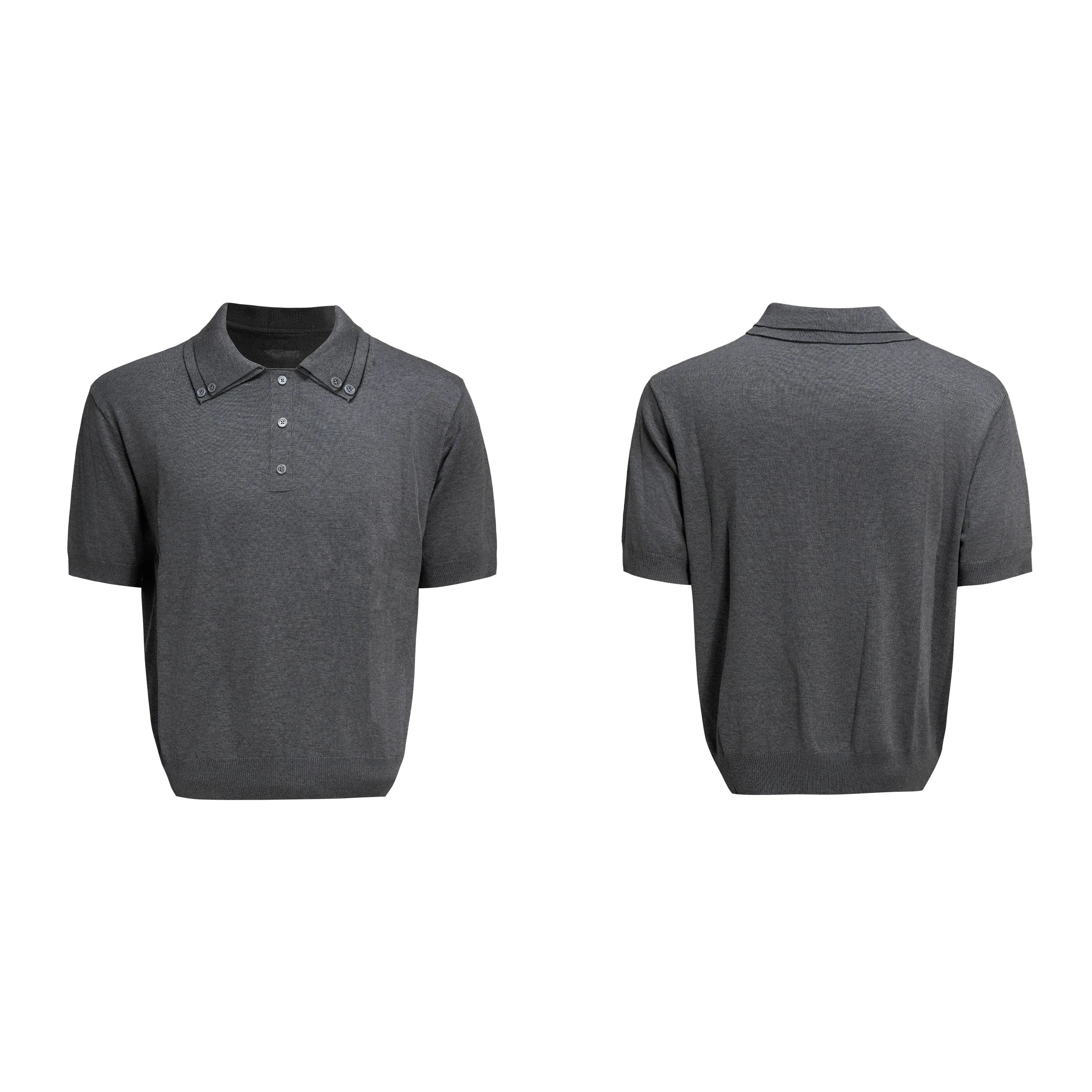 Men's grey short sleeve knit shirt featuring a double collar design with fasteners, shown in a loose fit.