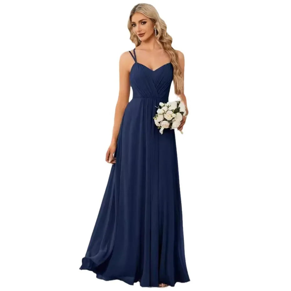 Women's long pleated A-line dress with sleeveless sling neckline in solid colours