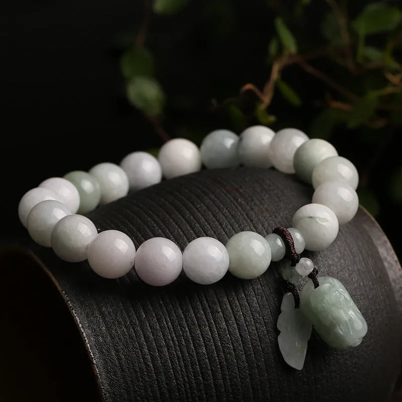 Natural emerald jade bracelet with geometric beads and Maitreya Buddha detail in various colour options