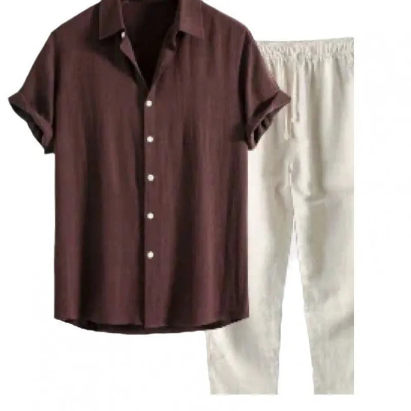Men's casual loose-fit short sleeve shirt and trousers suit set in a linen-look fabric