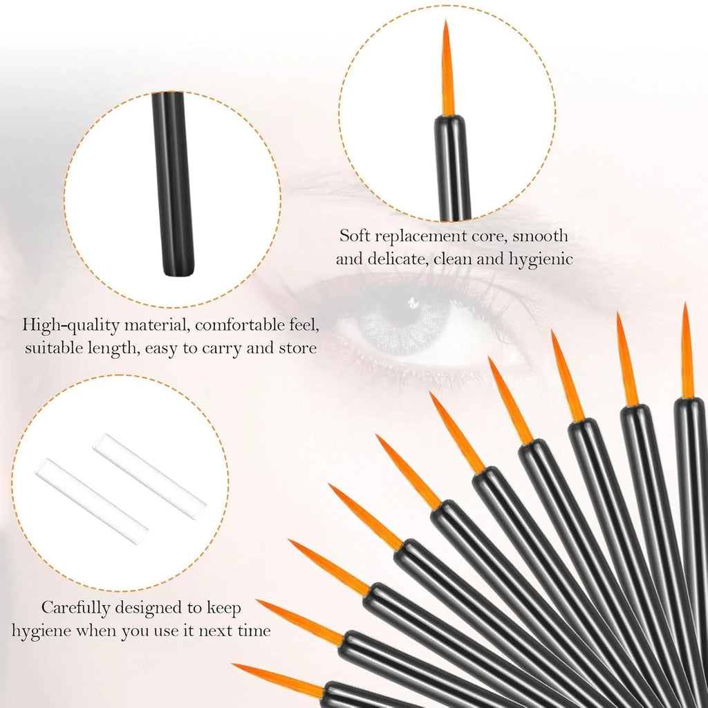 Pack of 100 black disposable eyeliner brushes with fine point tips and clear plastic protective sleeves.