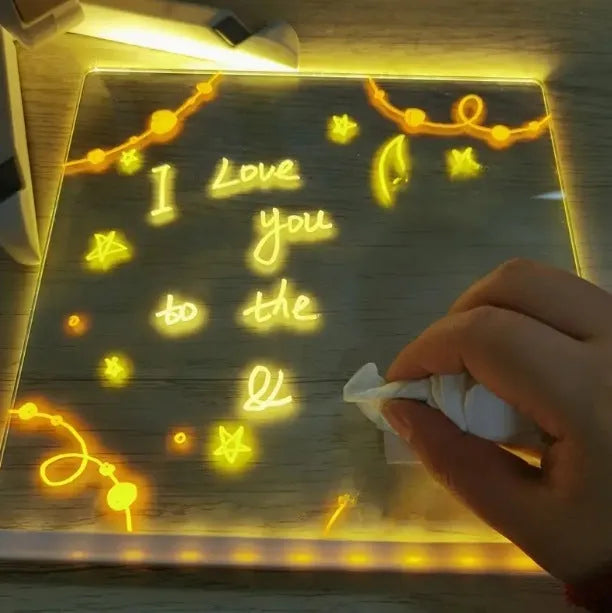 Large LED note board with coloured illumination, PVC housing, and pen set in 15x15cm, 20x20cm, or 30x20cm sizes
