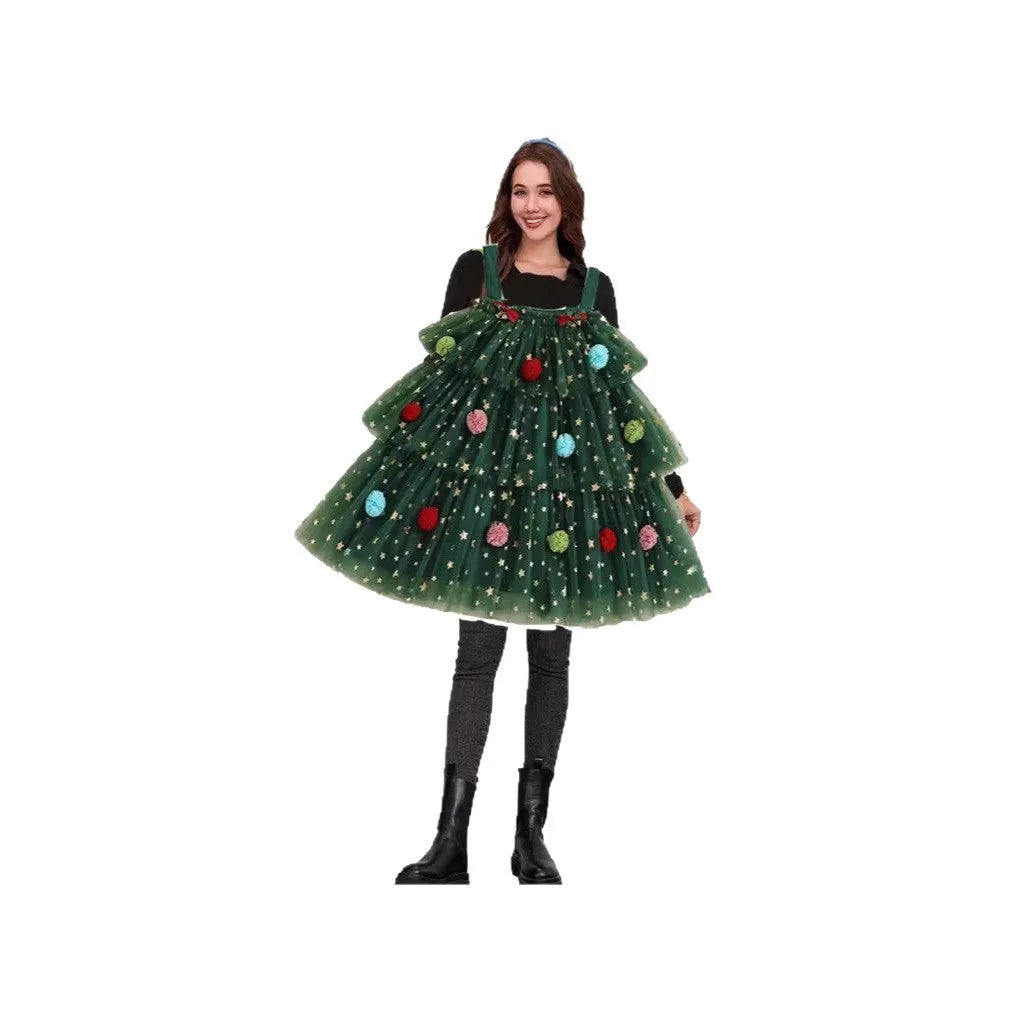 Green mesh dress with Christmas tree pattern and colourful decorative balls on tiered suspender skirt